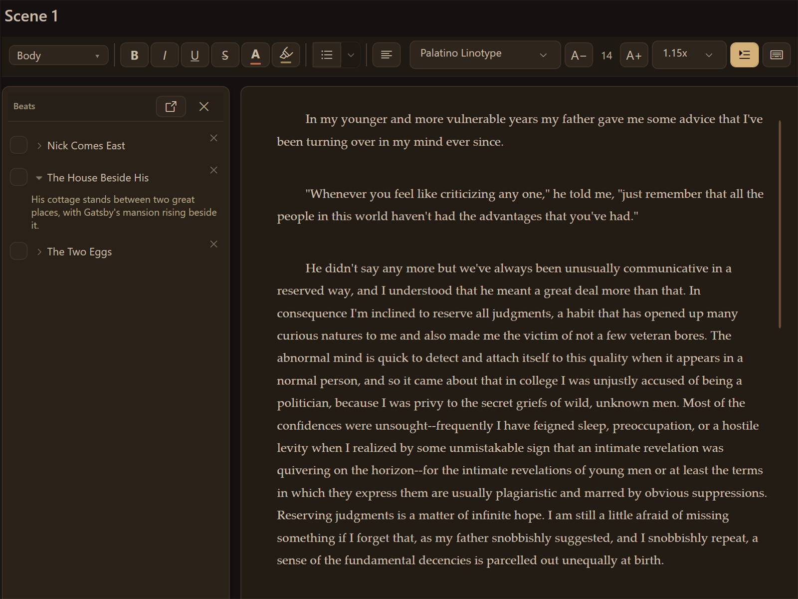 Scene beats arranged beside the manuscript draft.