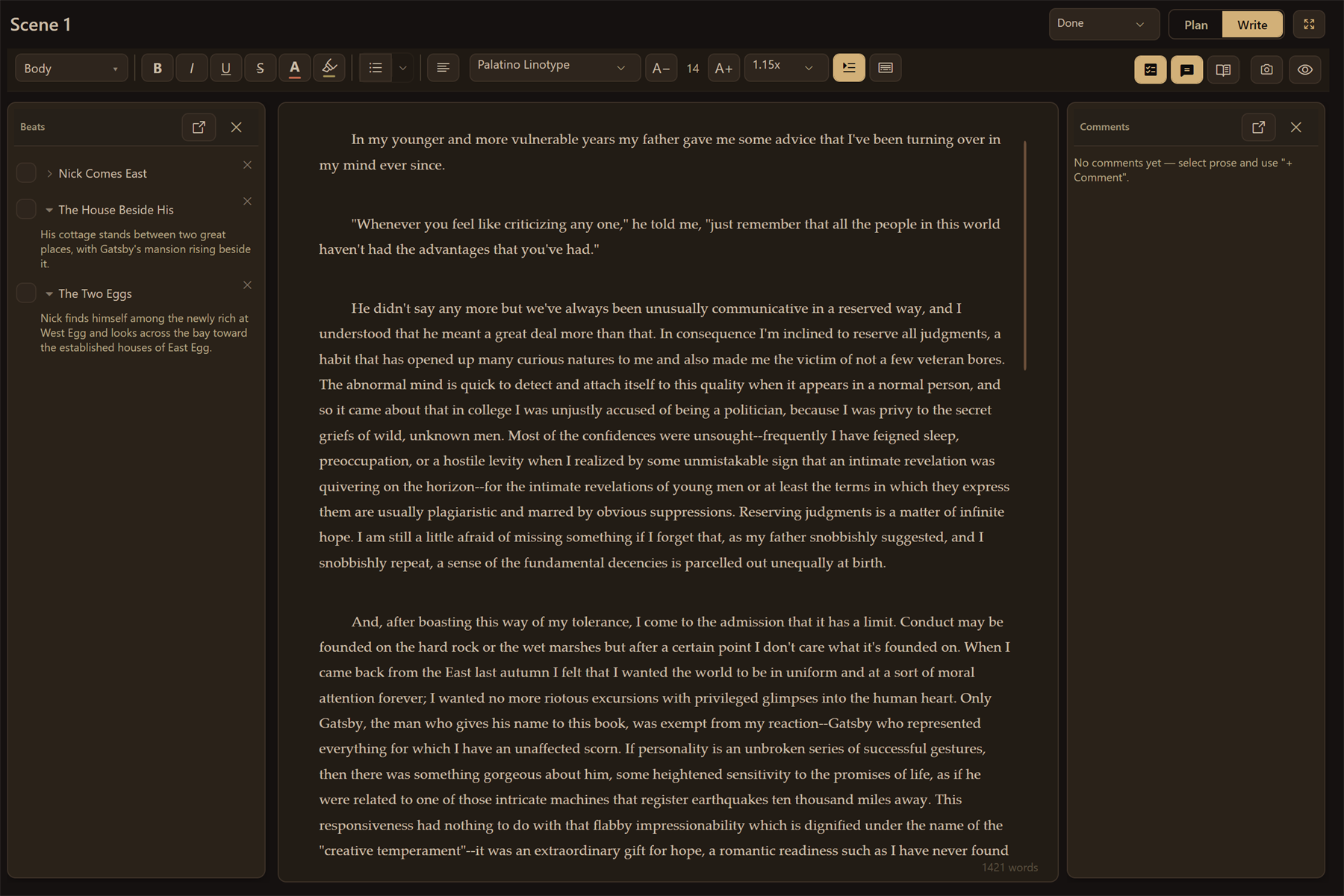 The Thruline manuscript editor with scene planning kept beside the page.