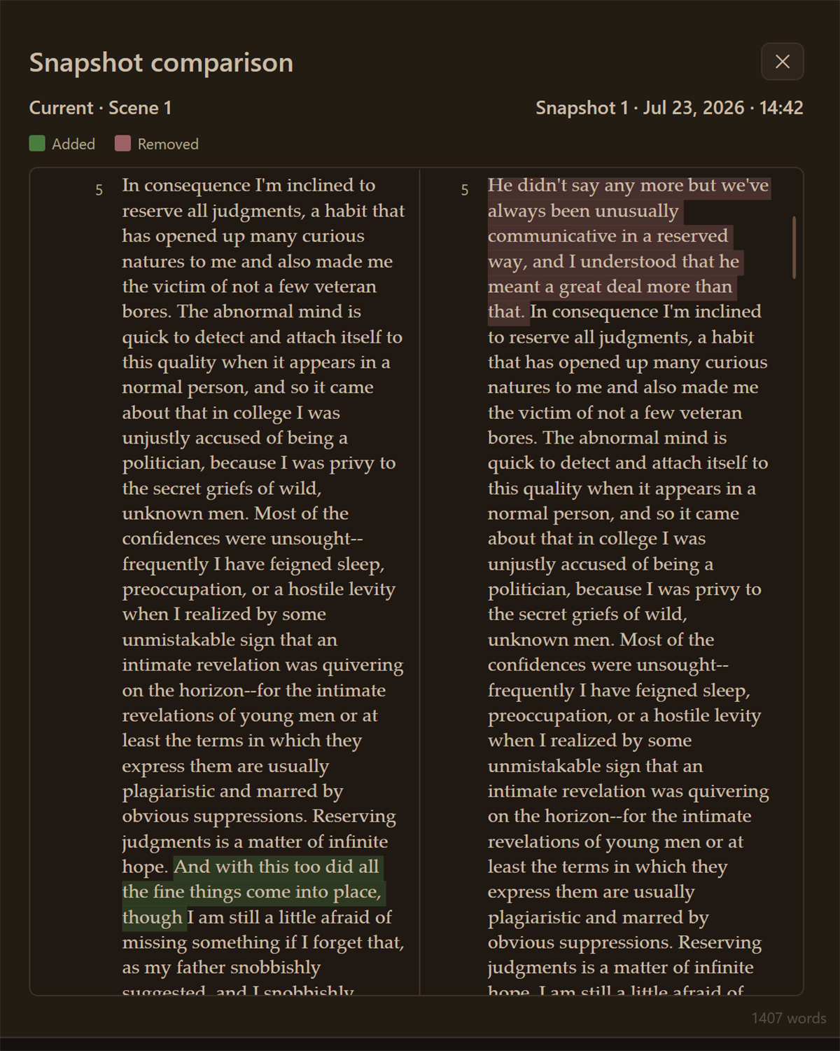 The manuscript snapshot history with an earlier draft available to restore.