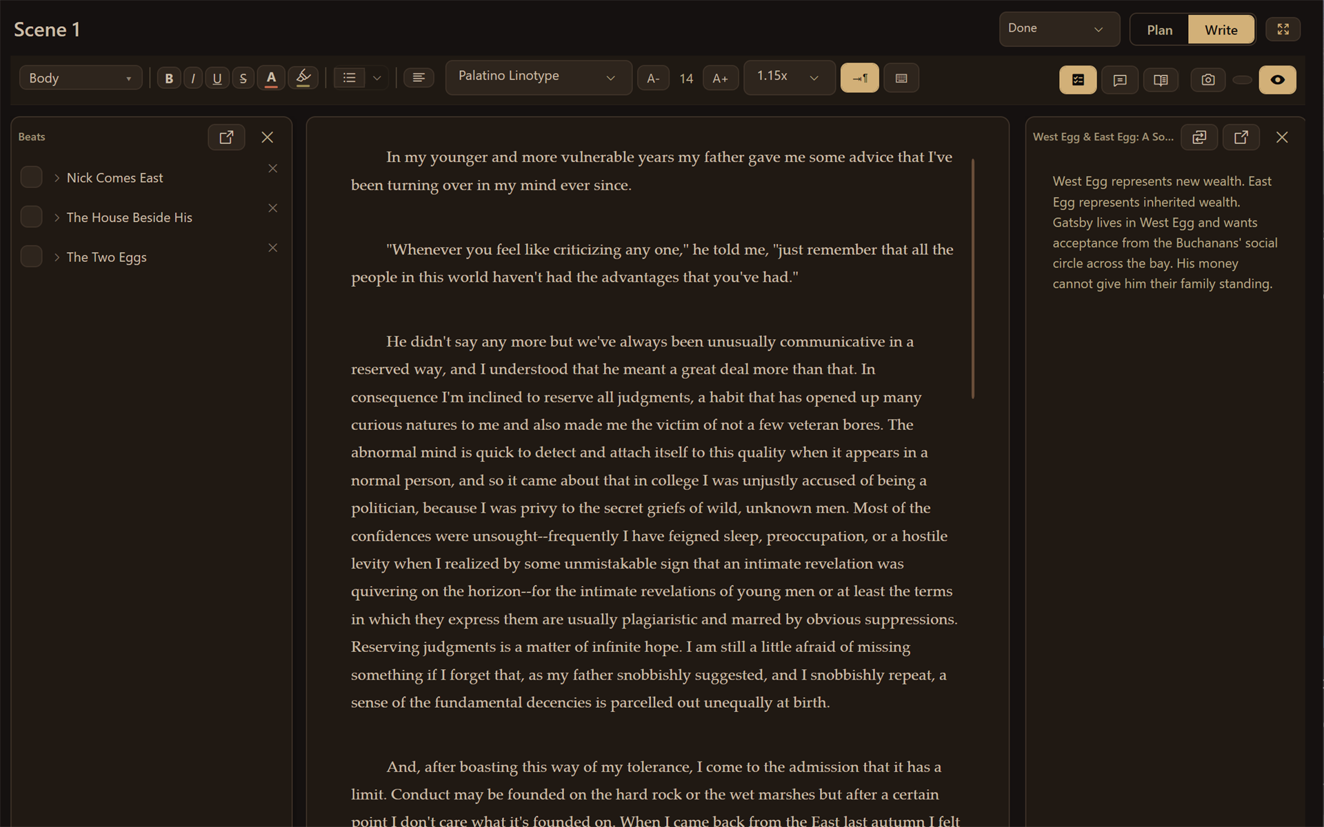 A background note open beside a manuscript scene.