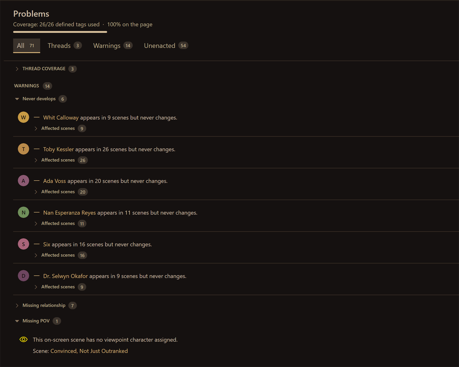 The Problems view grouping structural story warnings.