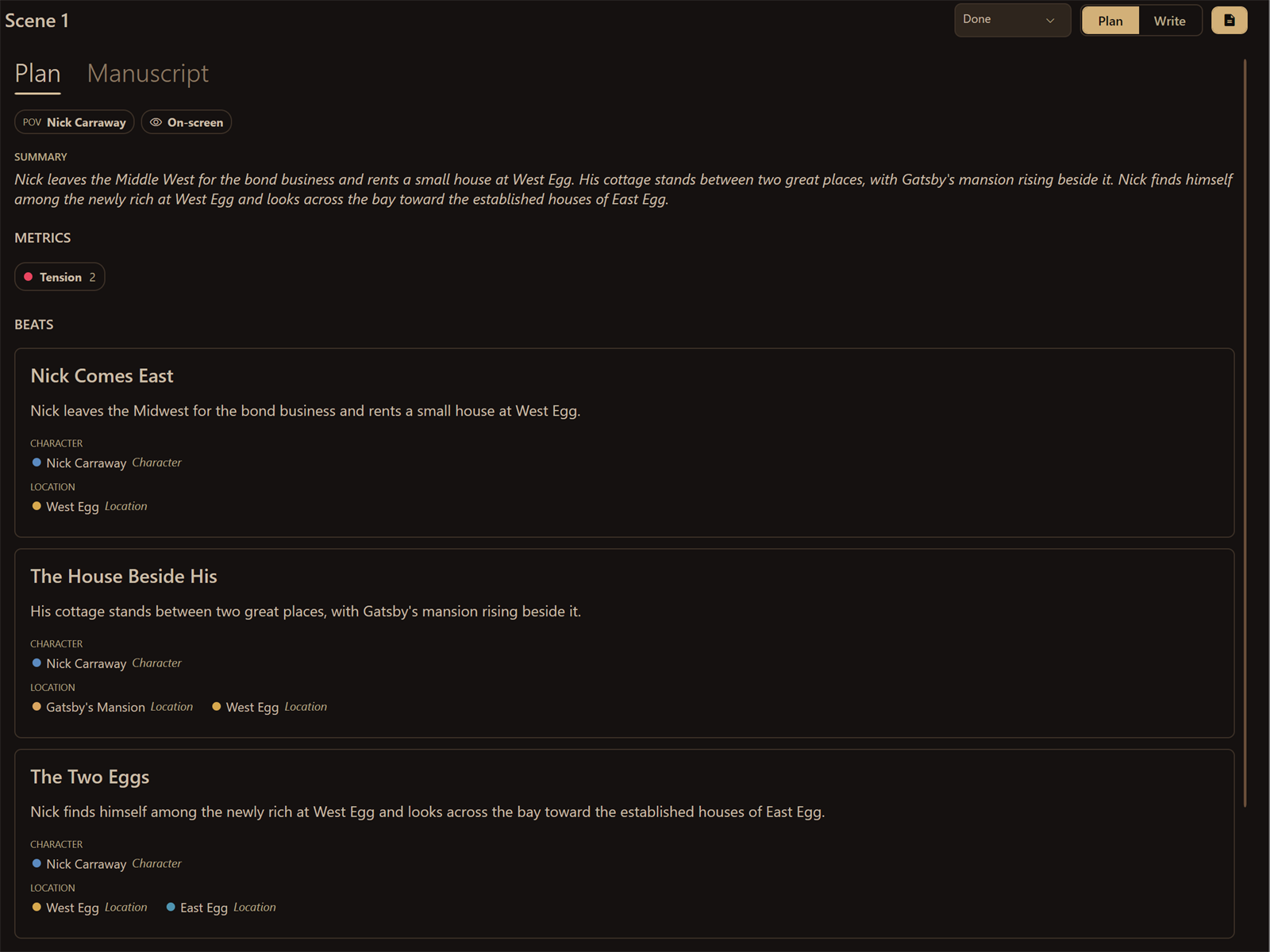 A Thruline scene plan with its summary, metrics, and beats.